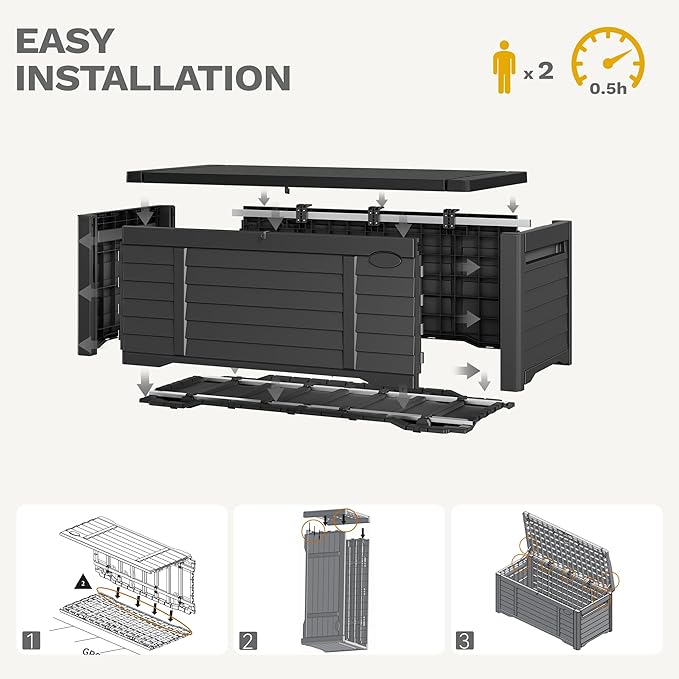 DWVO 150 Gallon Louvered Outdoor Storage Box, Lockable Resin Deck Box for Pillows, Tools, and Pool Supplies - Black