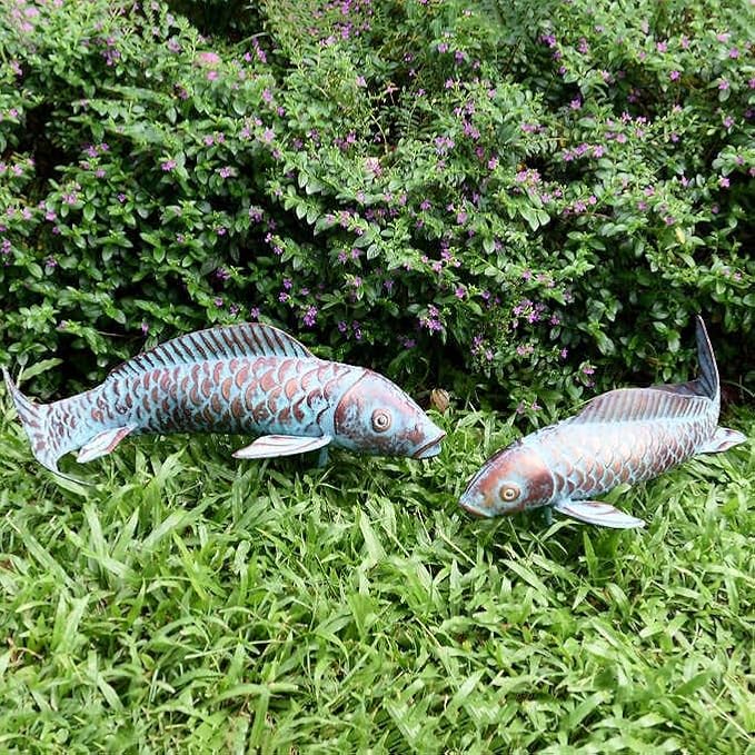 Garden Statues Koi Fish Decor for Outside,Antique Copper Garden Decor,Large Outdoor Koi Sculptures & Statues for Yard Patio Backyard Pond Decorations,Metal Fish Gifts for Mom Grandma,Set of 2