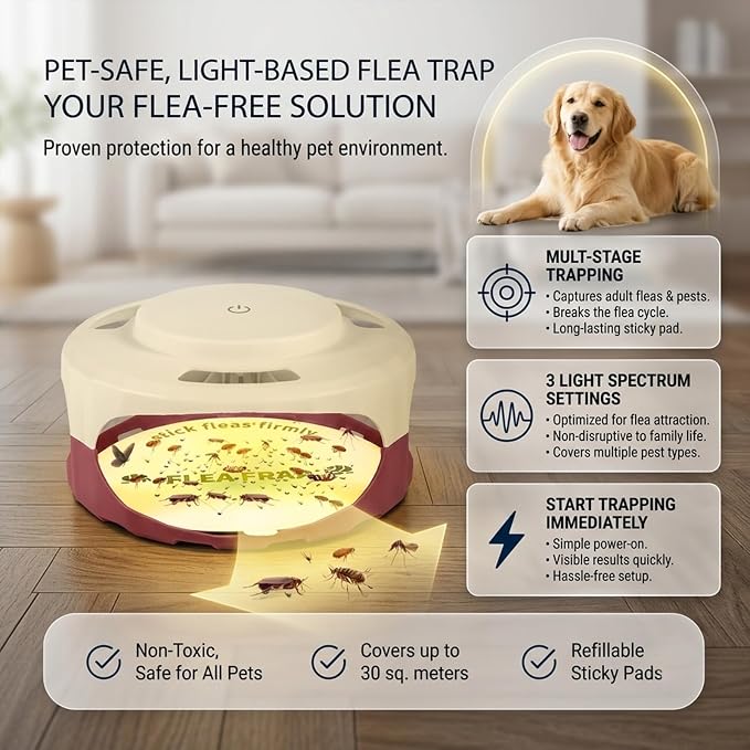 4 Pack Flea Traps for Inside Your Home,Type-C Powered Flea Trap Indoor with Dual Light 30 LED Lights, Indoor Flea Control Device & Bug Light Trap,16 Sticky Pads Refills for Bed&Living Room