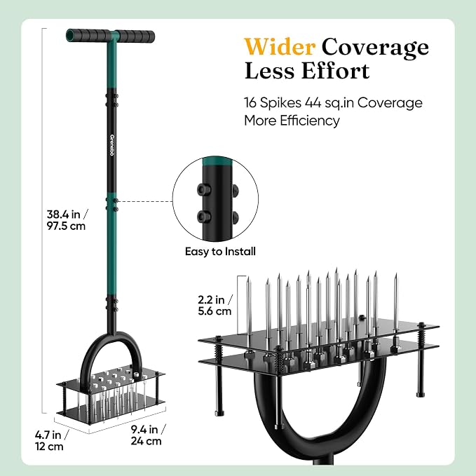 Grenebo Lawn Aerator Manual Aerator Lawn Tool with 16 Spikes, Metal Grass Aerator for Yard, Lawn Aeration, Automatic Soil Ejection, Pre-Assembled Lawn Aerator Tool (Green)