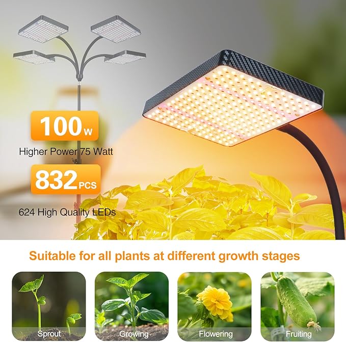 FECiDA 2026 4Head Grow Light with Stand, 100 Watt Power Draw, Bright and Big Coverage Grow Lights for Large Houseplants, Bonsai Tree, 4/8/12/16/20 Hr Timer, 24"-72" Height Adjustable, 360° Gooseneck