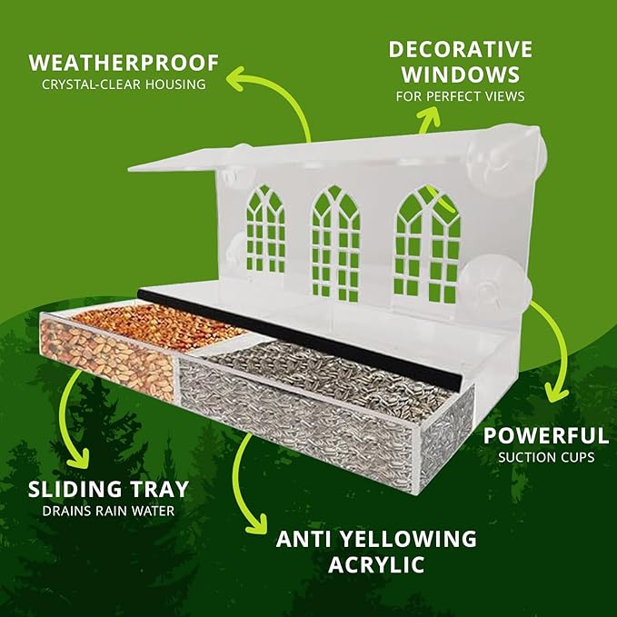Nature Gear Acrylic Clear Window Bird Feeder with Strong Suction Cups, Removable Sliding Seed Tray, Weather-Resistant & Easy to Clean for Window Viewing, Bird Palace