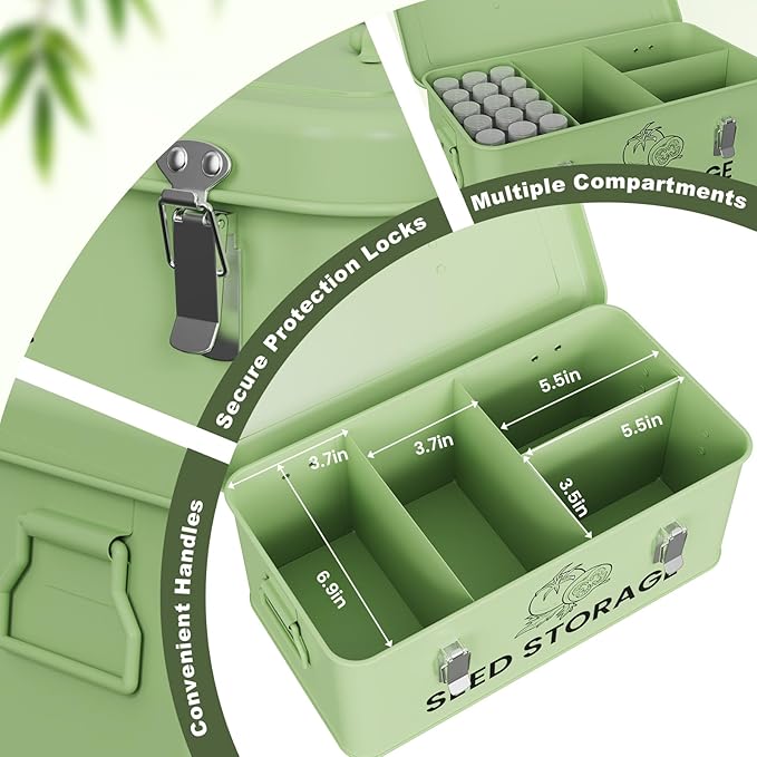 Seed Storage Organizer Box, Metal Seed Box, Garden Seed Organizer with Lid, Seed Containers Storage with 4 Compartments, 30 Seed Holder Organizers, 100pcs Seed Envelopes (Green)