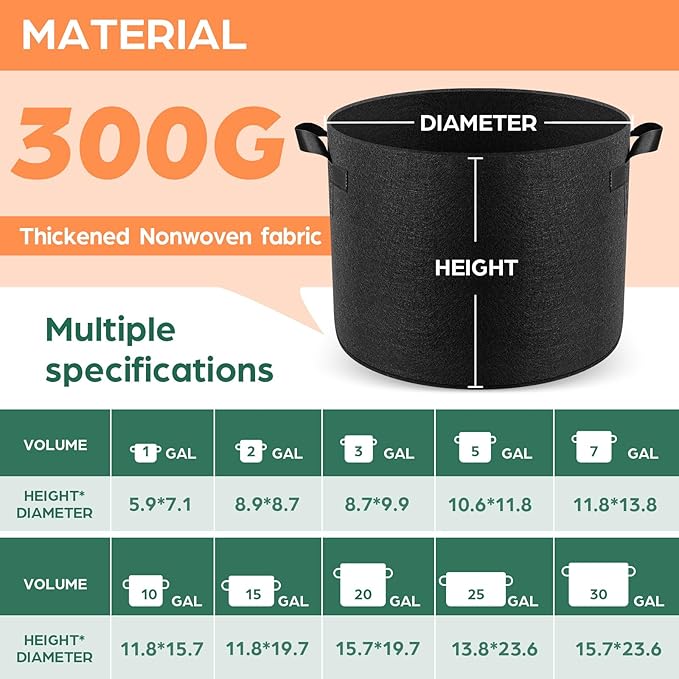Jorvila 10 Pack 3 Gallon Grow Bags, Thickened Nonwoven Fabric Planter Pots with Handles, Heavy Duty 300G Garden Pots for Tomato, Potato and Vegetable