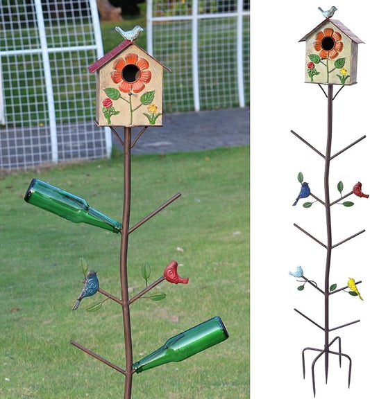 58" H Multifunctional Metal Bird House Glass Bottle Tree Stake for Outdoor Colorful Garden Decorative Bottle Holder & Outdoor