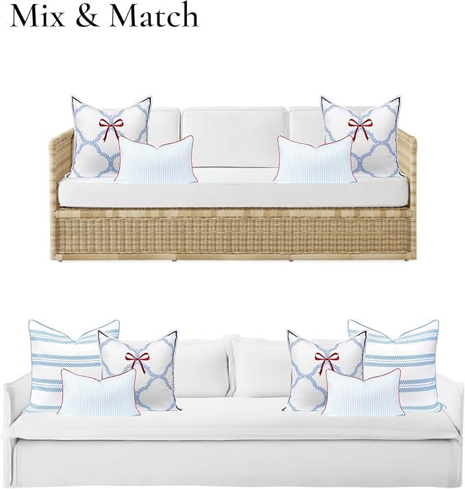Hofdeco Premium Coastal Hampton Patio Indoor Outdoor Lumbar Pillow Cover Only, 12"x20" Water Repellent for Backyard, Couch, Poolside, Baby Blue Red Print Stripes