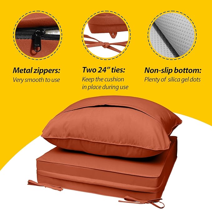 AAAAAcessories Outdoor Seat Cushions for Chairs, Fade-Resistant, Waterproof Patio Furniture Replacement Cushions, 23.5" x 25.5" x 5" + 23.5" x 19", Rust