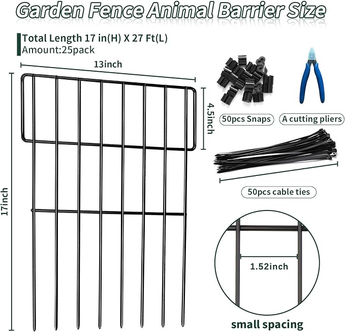 ULIOK Animal Barrier Fence, 25 Panels No Dig Fence, 27ft(L) x 17in(H) Dog Fencing Rabbit Fences, 1.52in Spike Spacing Rustproof Metal Fences Border for Outdoor Yard with Cable Ties and Cutting Plier