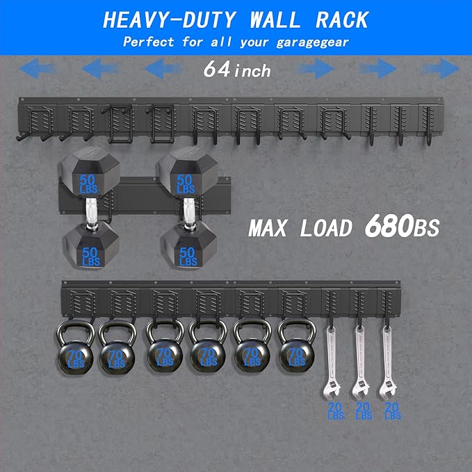CBWLWJ Garage Tool Organizer Wall Mount, 64 inch Garage Wall Organizer, 680lbs Sturdy Garden Tool Organizer with 11 Adjustable Hooks, for Yard, Shed, Basement, Workshop(Black)