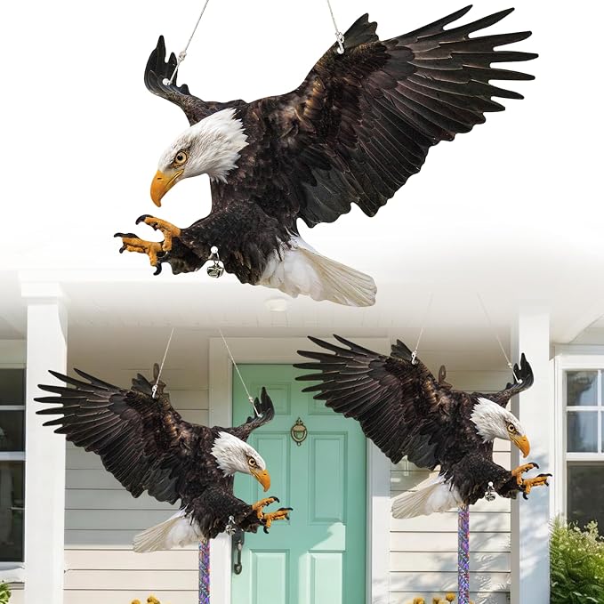 Fake Eagle to Scare Pigeon Woodpecker, 5 Pcs Flat Paper Hanging Fake Eagle with Reflective Tape to Keep Animals Away, Waterproof Outdoor Decor for Balcony Garden Window Patio Backyard Front Porch