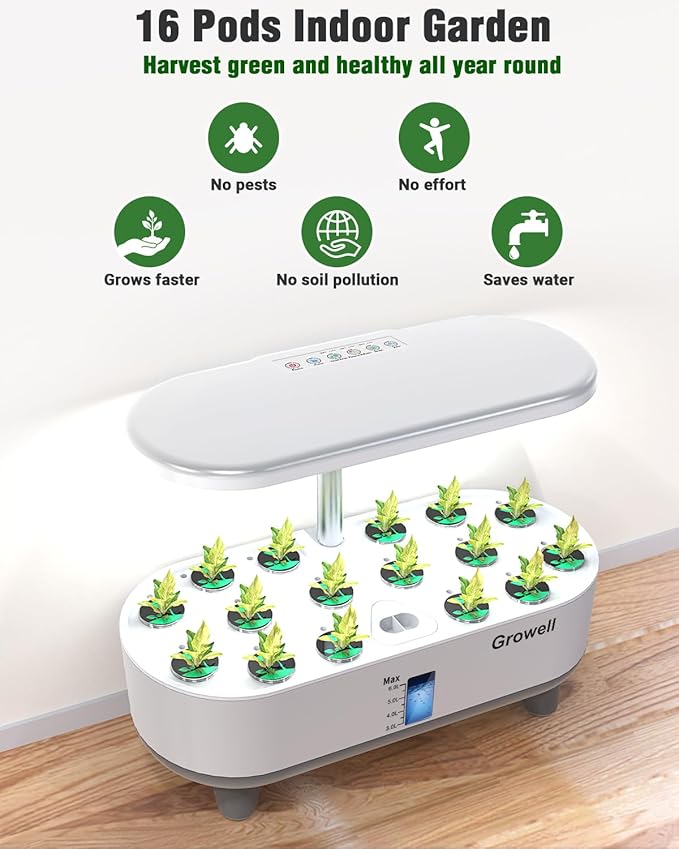 Growell Hydroponics Growing System Kit, 16 Pods Indoor Garden with 28W Full Spectrum LED Grow Light, Auto Timer, 3 Smart Light Modes, 8L Large Herb Garden, Ideal Gardening Gift for Women, Men (White)