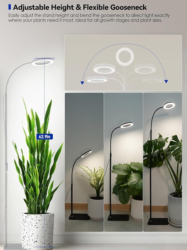 GLOWRIUM Grow Lights for Indoor Plants, Full Spectrum LED Grow Light Floor Lamp with Stand Adjustable Height and Angle, Black Plant Light with 3/9/12H Grow Light Timer (White, 20W)