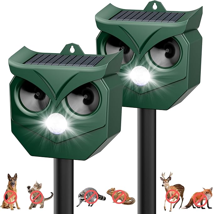 Ultrasonic Animal Repeller with LED Strobe Lights - Outdoor Solar Powered for Squirrels, Deer, Raccoons, Rabbits, Skunks, Cats, Dogs - Protects Garden, Yard, Lawn, Farm & Crops