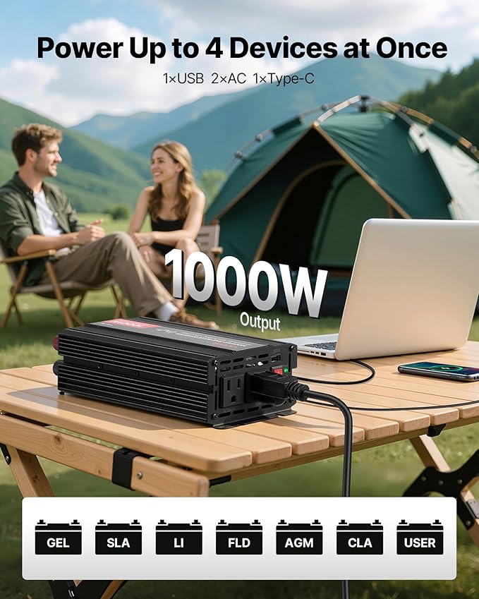 VEVOR 1000W Power Inverter, 12V DC to 120V AC Modified Sine Wave Inverter, Car Charger Converter with USB & Type-C Port, 2 AC Outlets, LED Indicator Light, Ideal for RV, Truck Outdoor Camping