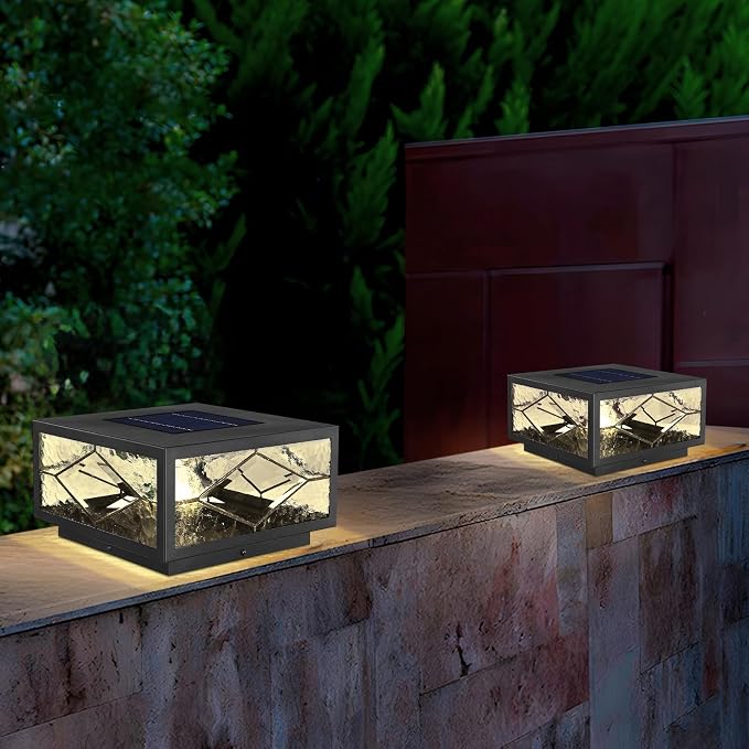 Solar Fence Post Lights Outdoor Waterproof LED with Remote Control, Solar Panel Powered Dusk to Dawn Cap Pillar Lighting, Waterproof Fence Post Cap Light for Deck Garden Patio Porch