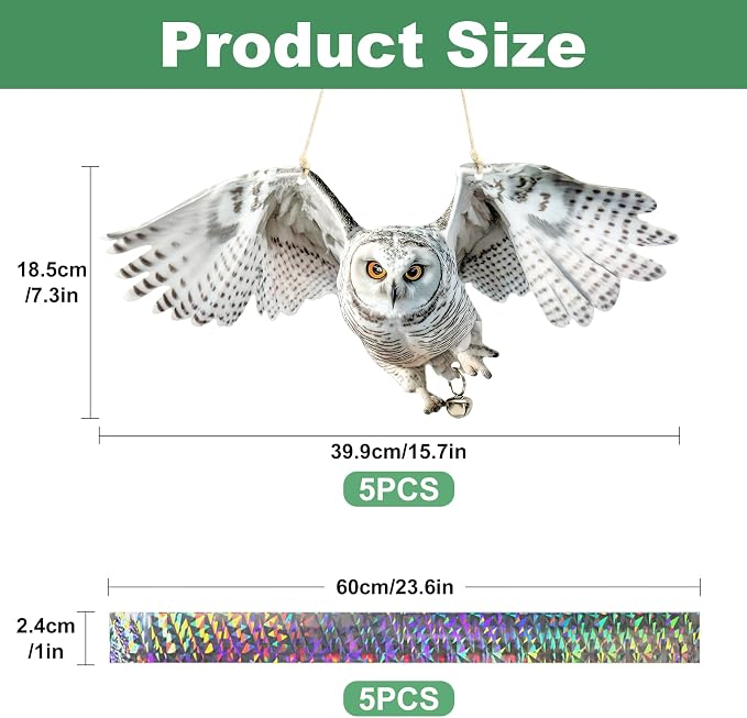 Flat Plastic Owl Scarer Hanging Device, 5 Pack Dual-Side Printed Owl with Reflective Tape and Bell for Garden Patio Farm Yard Window Porch, Outdoor Pigeon Woodpecker Scare Decoration, Not 3D