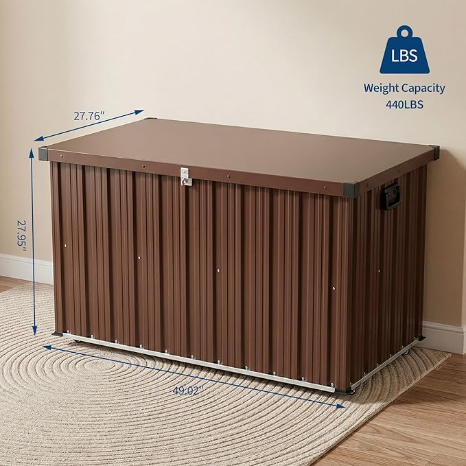Metal Deck Box Waterproof 150 Gallon, Metal Outdoor Storage Box with Dual Gas Struts, Wheels and Handles, Large Capacity Galvanized Steel Patio Storage Bin for Cushions, Garden Tools, Pool, Porch