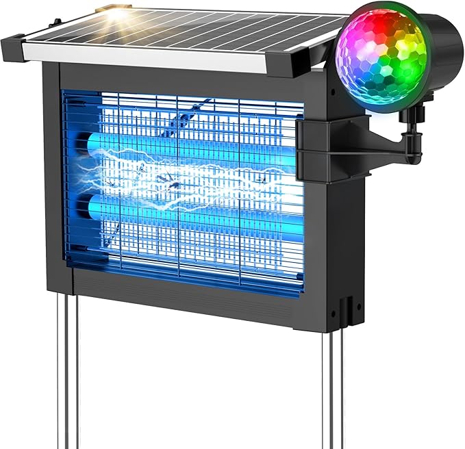 Solar Bug Zapper Outdoor 4500V, 2-in-1 Rechargeable Mosquito Zapper with Projection Light, IP66 Waterproof Cordless Electric Fly Zapper Indoor with Type-C Charging for Patio, Yard & Camping