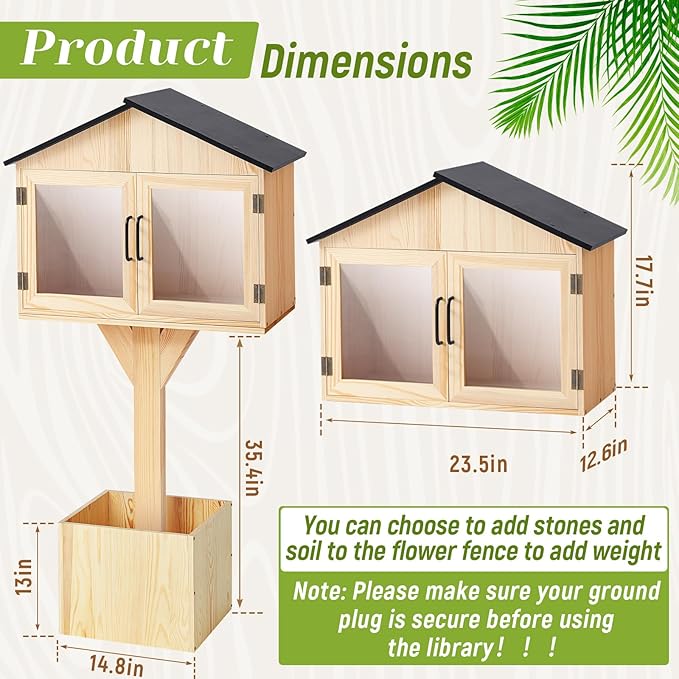 Wonderjune Little Library Box Outdoor Free Library Kit, Durable Weatherproof Solid Wood Book Exchange Box with Floor Plugs and Small Flower Fence for Neighborhoods, Community, Literature, Newspapers