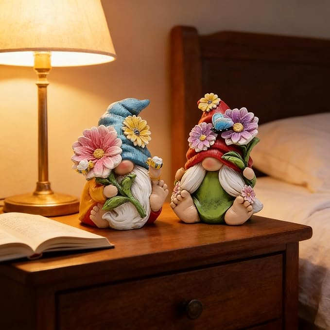 Hodao 2PCS Spring Flower Gnome Figurines Decorations - Resin Summer Gnomes Plush Decor for Indoor Garden Office, Cute Floral Gnome Ornaments Gift for Housewarming, Birthday, Holiday
