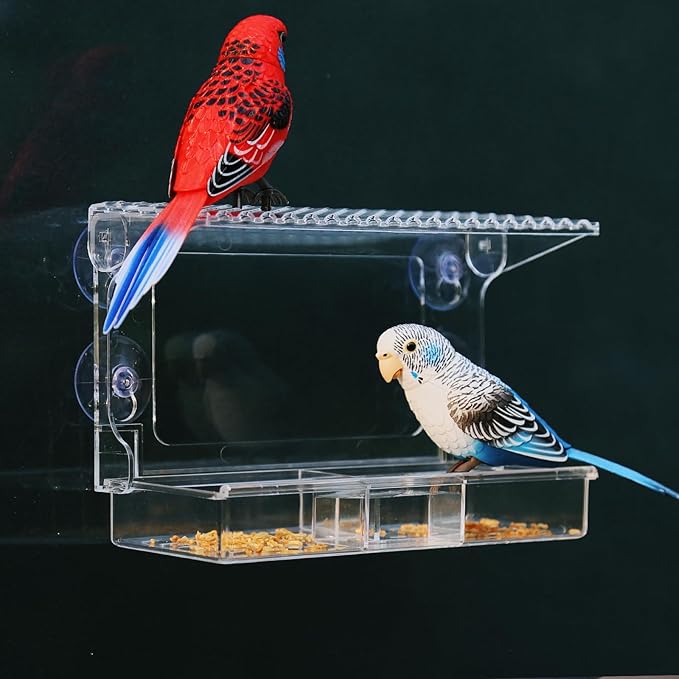 Window Bird Feeder with Strong Suction Cups – Flat-Tile Roof Acrylic Bird Feeder for Outdoors, Clear Viewing Box for Wild Birds & Cats, Easy-to-Clean, Large Capacity, Transparent Birdhouse Feeder