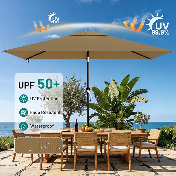 AreShark 6.5' x 10' Rectangular Patio Umbrella with Solar Lights, Solar Powered Lighted Market Umbrella w/Tilt and Crank, Outdoor Table Umbrella for Garden, Deck, Backyard, Pool and Beach, Khaki