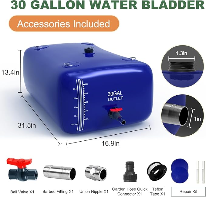 30 Gallon Water Bladder, 1000D PVC Foldable Portable Water Tank, Blue Large Capacity Water Bag Container for Camping, Garden, Agricultural Irrigation, Drought Resistance, Emergency Supply