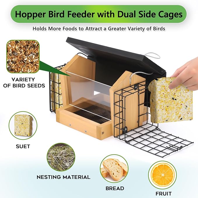 Gbekery Hopper Bird Feeder for Outdoors Hanging, Wooden Bird Feeder with Double Suet Cage and Large Seed Capacity, Cedar Wood Suet Feeder with Weatherproof Roof, Garden Decoration