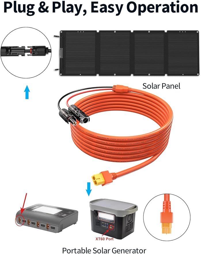 Tonton Solar to XT60 Charge Extension Cable 12AWG 16.5Ft 5M Solar Connector to XT60 Adapter Cable for Ecoflow River and Delta Series Buetti EB55 Power Station Solar Panel, RV, and LiFePO4 Battery