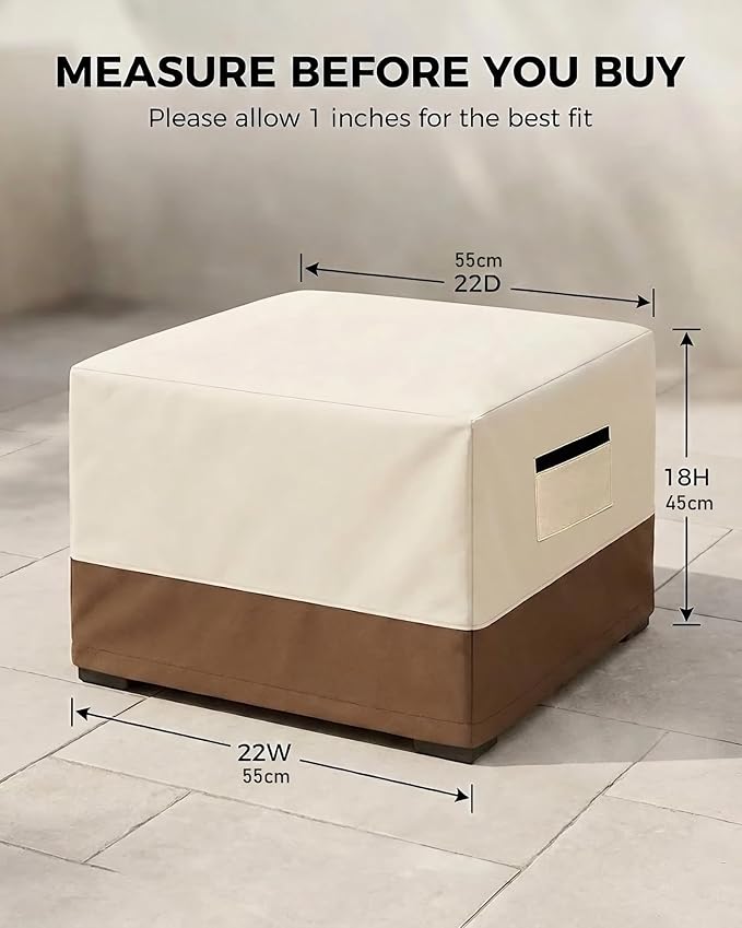 Waterproof Patio Ottoman Cover, Square Outdoor Side Table Furniture Cover with Padded Handles, 600D Heavy Duty Windproof All-Weather Patio Furniture Cover,UV Resistant, 22 x 22 x 18 Inch, Beige&Brown