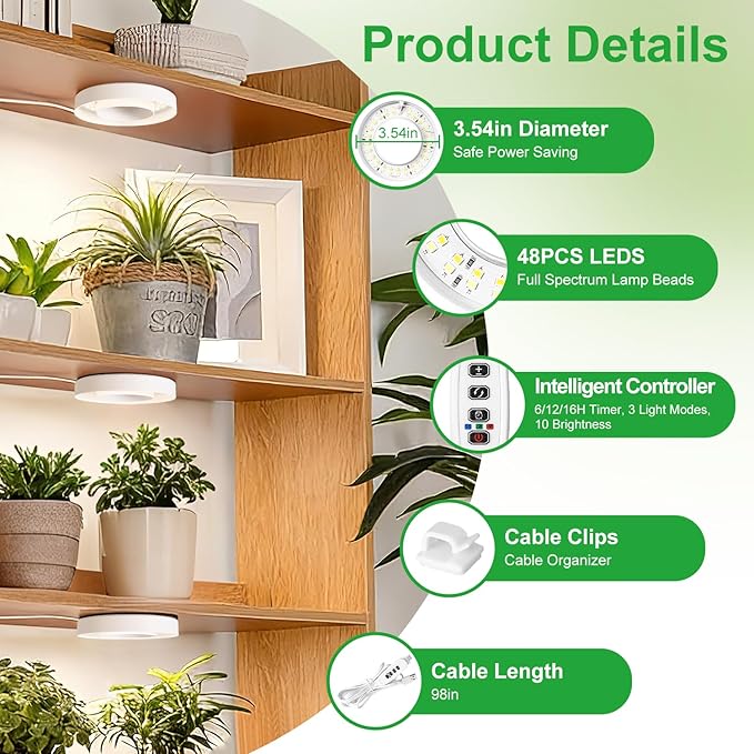 RWNTAO 3.54" Ceiling Grow Light for Indoor Plants, Warm&White Full Spectrum Plant Light, Growing Lamp with 6/12/16H Auto Timing, 10 Dimmable Brightness Levels for Small Plants, 3Head