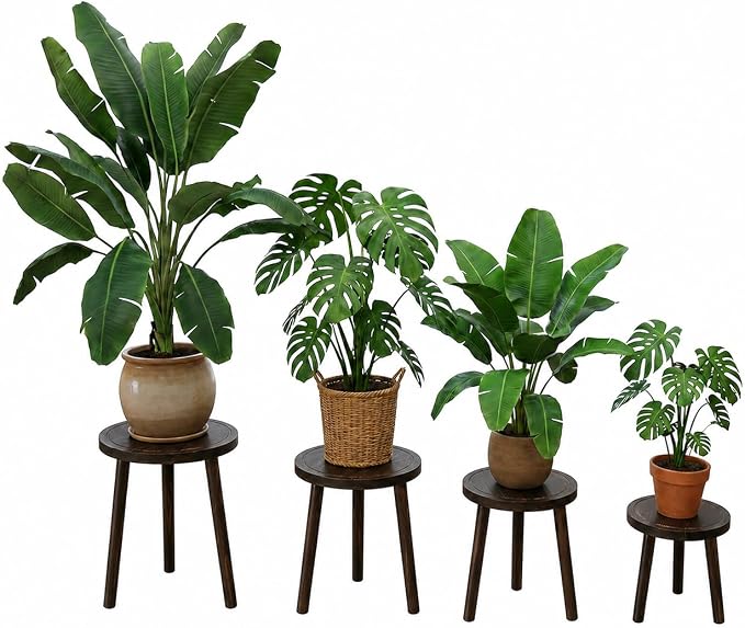 Amdermi 4-Pack Wood Plant Stands Indoor - Mid Century Modern Flower Pot Holder for 6-12 Inch Planters - Tall Wooden Plant Stool Display Rack for Large Plants, Living Room, Corner, Balcony Decor