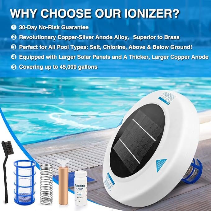 Solar Pool Ionizer for Inground & Above Ground Pools, Floating Solar-Powered Pool Maintenance System with Copper Anode, Helps Reduce Maintenance Effort, Up to 45,000 Gallons