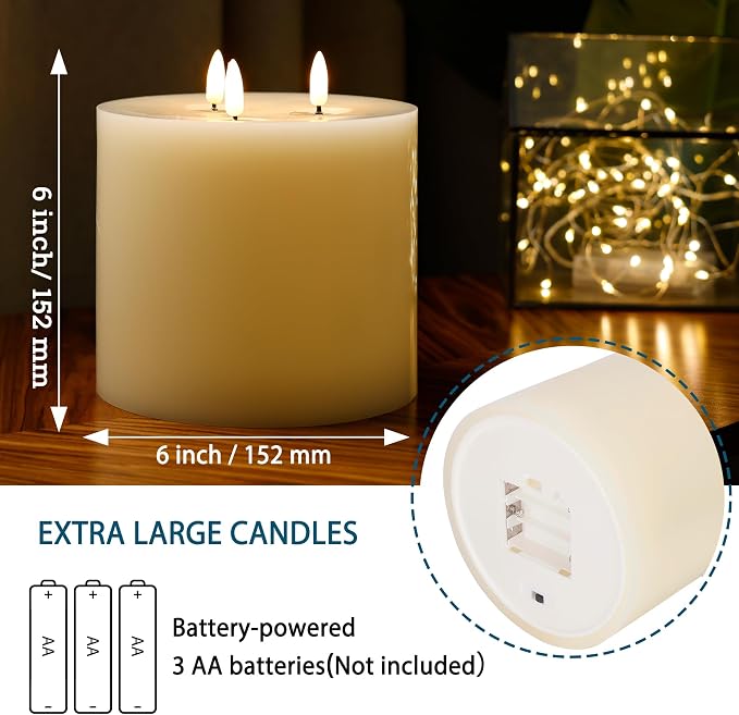 Extra Large Flameless Pillar Candle 6x6, 3 Wick Battery Operated LED Candle with Remote & Timer, 3D Triple Flame Real Wax Shell Candle for Cozy Home Decor