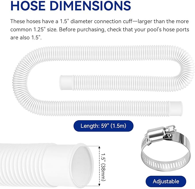 Pool Hoses for Above Ground Pools 1.5" Diameter x 59" Long, 2 Pack 1.5 Inch Above Ground Pool Hose Replacement Compatible with Intex Coleman Surface Skimmer, Filter Pump Hose, with 4 Metal Clamps