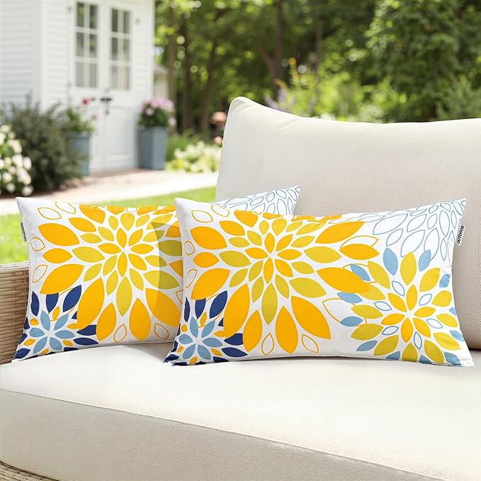 Floral Outdoor Pillow Covers Waterproof Spring Throw Pillow Cases Yellow Blue 12x20 Inch Set of 2 Decorative Summer Cushion Covers for Patio Furniture Garden Bench Porch Sofa
