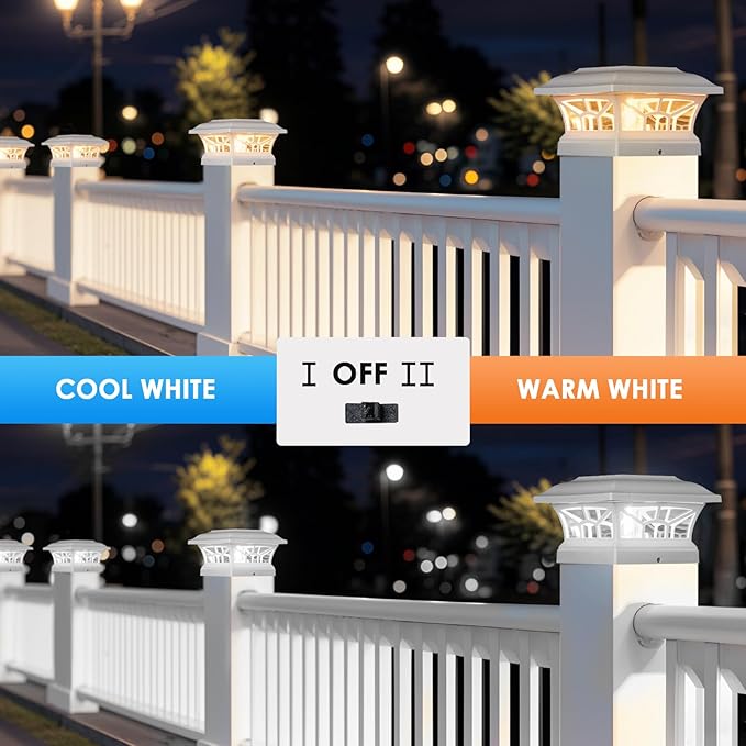 8 Pack Solar Post Cap Lights Outdoor Waterproof, Fits 4x4, 5x5, 6x6 Wooden & Vinyl Fence Decks with Warm & Cool White Light Modes (Classic White, 8)