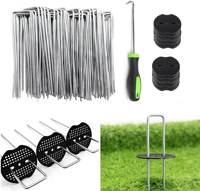 6 Inch 100 PCS Galvanized Landscape Staples with 100 PCS Gasket, Landscape Fabric Pins Stakes Lawn Ground Cover Graden Staples Spikes Weed Barrier Stakes