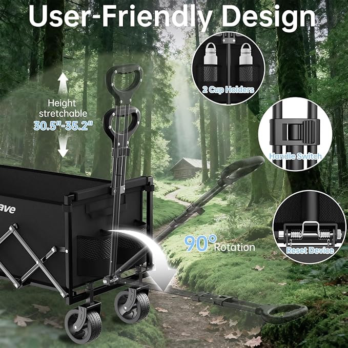 Extra Long Collapsible Wagon Cart, 480LBS Heavy Duty Utility Wagons with All-Terrain Wheels, Foldable Grocery Carts for Gardening, Shopping, Beach, Camping, Black