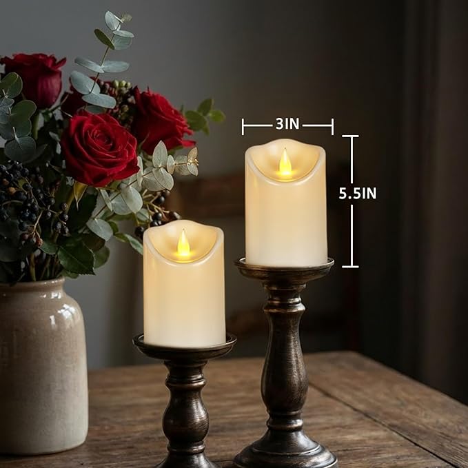 Pure White Flameless Candles, Patented 3D Dual-LED, Set of 2 Slanted Plastic Pillars with Remote, Waterproof Non-Melting Battery Operated Modern Decor for Spa Bath, White (D3 x H6)