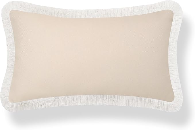 Hofdeco Premium Coastal Hampton Patio Indoor Outdoor Lumbar Pillow Cover Only, 12"x20" Water Repellent for Backyard, Couch, Poolside, Neutral Tan Print Solid