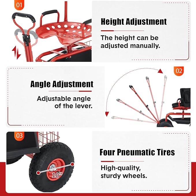 Garden Cart Rolling Workseat with Wheels, 360° Swivel Gardening Stool, Extendable Steering Handle & Utility Tool Tray, 10-Inch Inflatable Tires, Reinforced Steel Construction for Patio, Yard, Outdoor