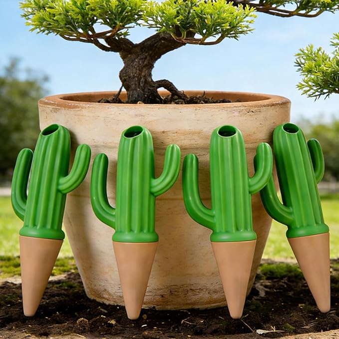 MCleanPin 4 Pack Self Watering Spikes and Globes, Handmade Terracotta Cactus Self-Watering Plant Devices with Slow Release System, Automatic Plant Water Bulbs for Indoor and Outdoor Garden Vacation