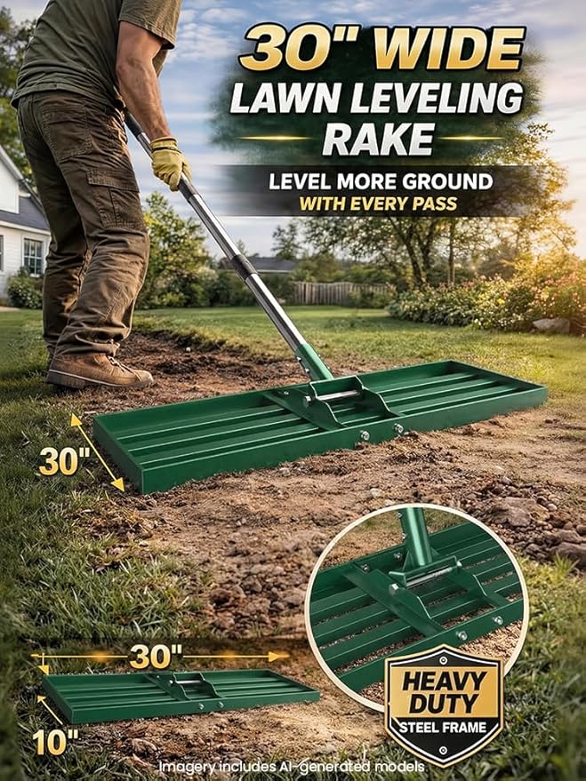 Lawn Leveling Rake, 30x10 inch Adjustable Lawn Leveler for Yard & Garden, Heavy Duty Stainless Steel Handle, Effort Saving Soil & Dirt Leveling Tool for Lawn Top Easy Dressing-Green