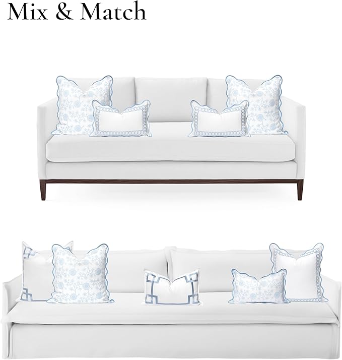 Hofdeco Premium Coastal Patio Indoor Outdoor Scalloped Throw Pillow Cover Only, 20"x20" Water Repellent for Backyard, Couch, Baby Blue Print Dahlia Floral (Pack of 2)