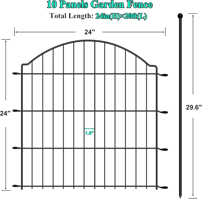 Decorative Garden Fences 24in x 20ft, 10 Pack Outdoor Fencing Animal Barrier Dog Border, Metal Wire Fence Panels for Garden Decor, Flower Bed Edging Borders for No Dig Patio Yard