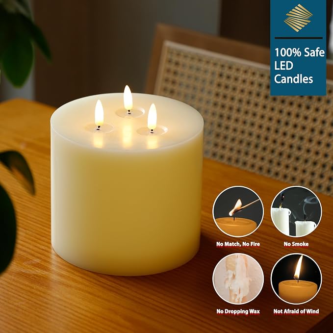 Extra Large Flameless Pillar Candle 6x6, 3 Wick Battery Operated LED Candle with Remote & Timer, 3D Triple Flame Real Wax Shell Candle for Cozy Home Decor