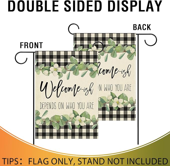 Artofy Welcome-ish Depends on Who You Are Small Decorative Garden Flag, Funny Family Buffalo Plaid Botanical Yard Lawn Outside Decor, Humorous Burlap Outdoor Home Decoration Double Sided 12 x 18