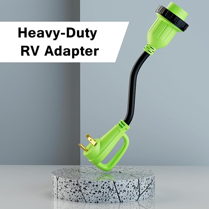 RV Adapter Plug 30 Amp to 30 Amp Cord with Locking Connector, NEMA TT-30P Male to L5-30R Female, STW, 10AWG, Heavy Duty Electrical Power Cord, 125 Volts 3750 Watts, 1FT, Green