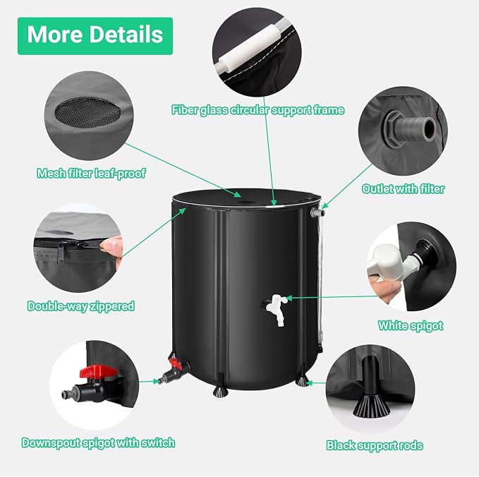 FAMIROSA 50 Gallon / 200L Rain Barrel, Collapsible Rain Barrels to Collect Rainwater from Gutter with Spigots and Overflow, 500D PVC Portable Rain Water Collection Catching System, Water Catcher Tank